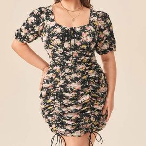 Plus Floral Puff Sleeve Knot Ruched Fitted Dress